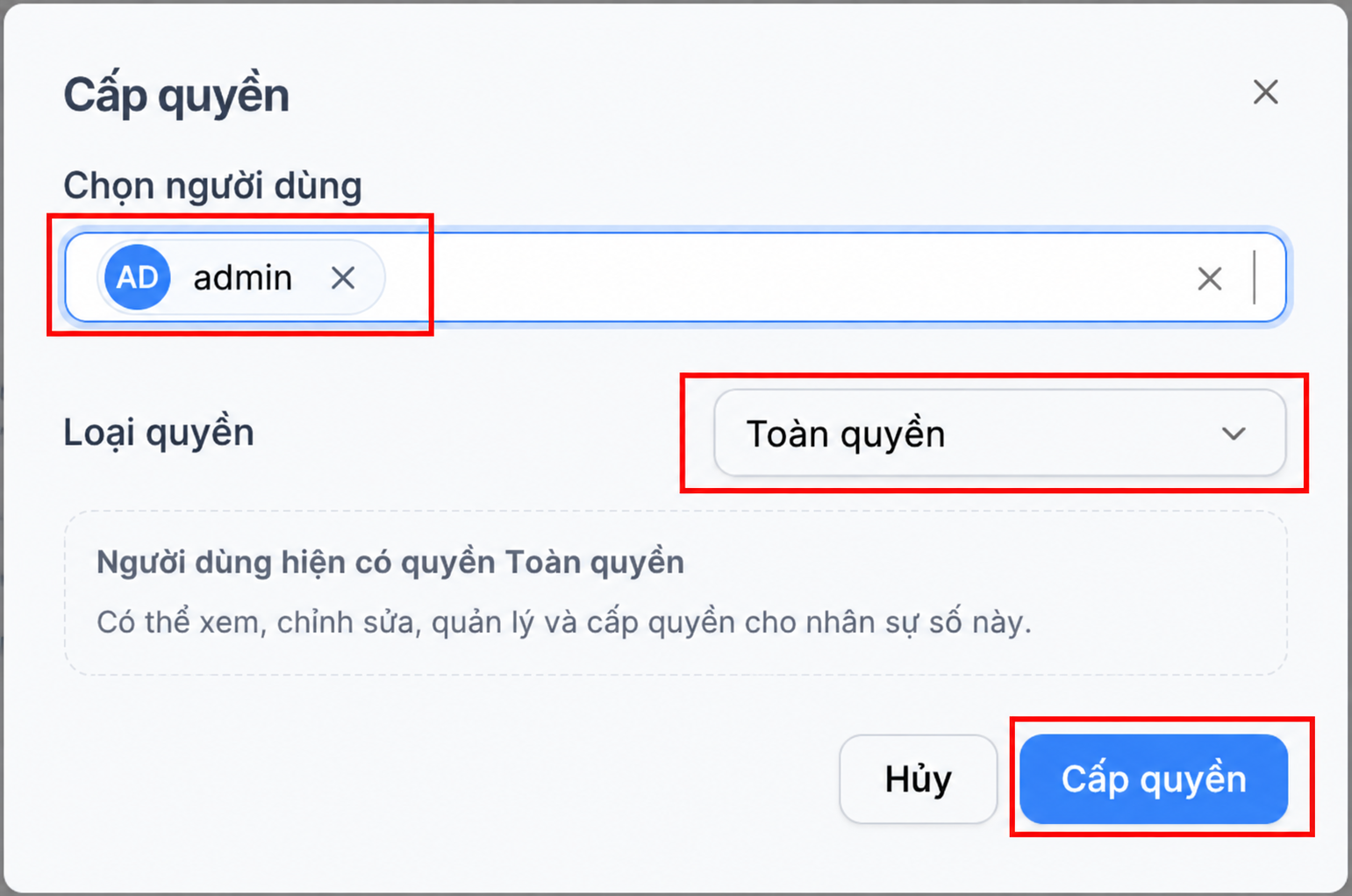 Cửa sổ chọn người dùng và loại quyền