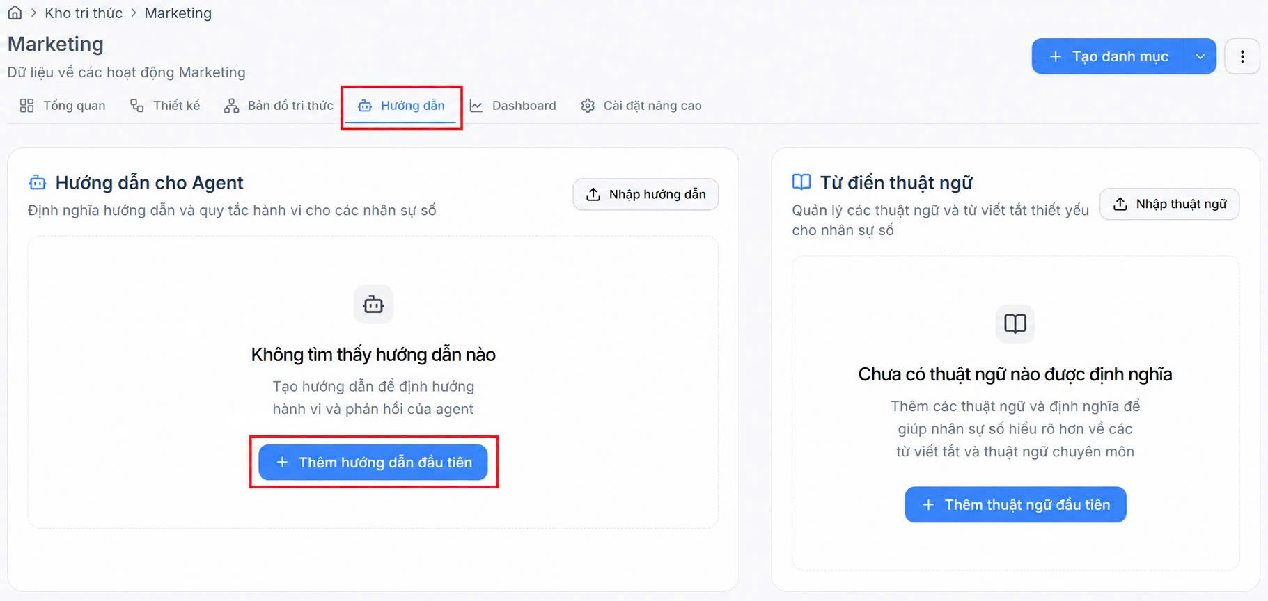 Giao diện tab Hướng dẫn với khu vực Hướng dẫn cho Agent và Từ điển thuật ngữ