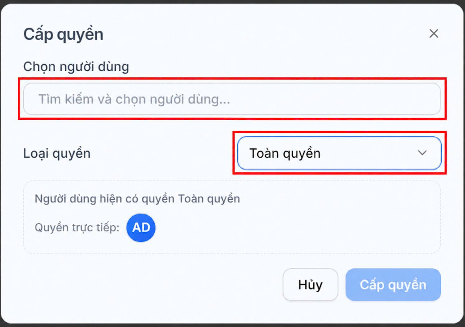 Cửa sổ chọn người dùng và mức Toàn quyền