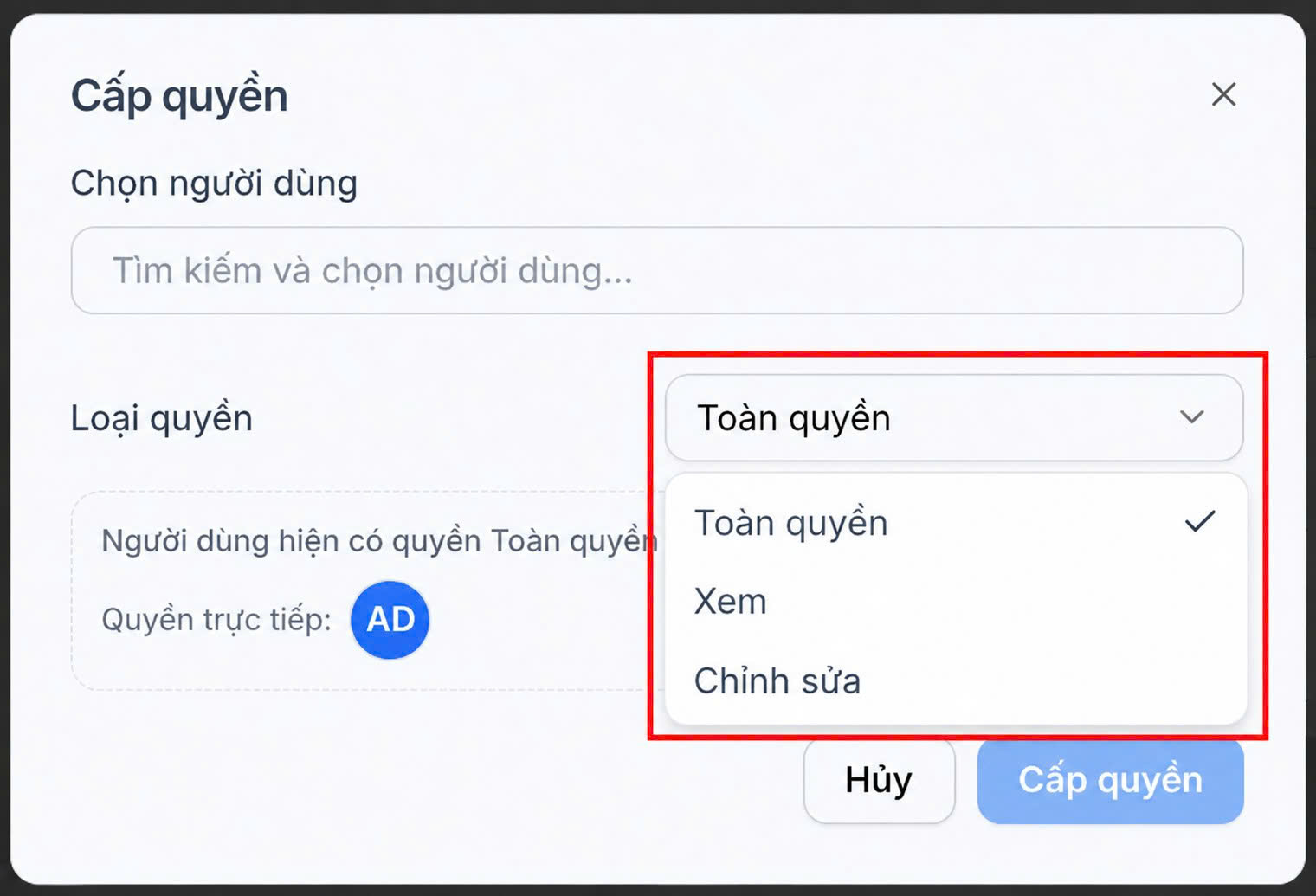 Danh sách các loại quyền trong cửa sổ Cấp quyền